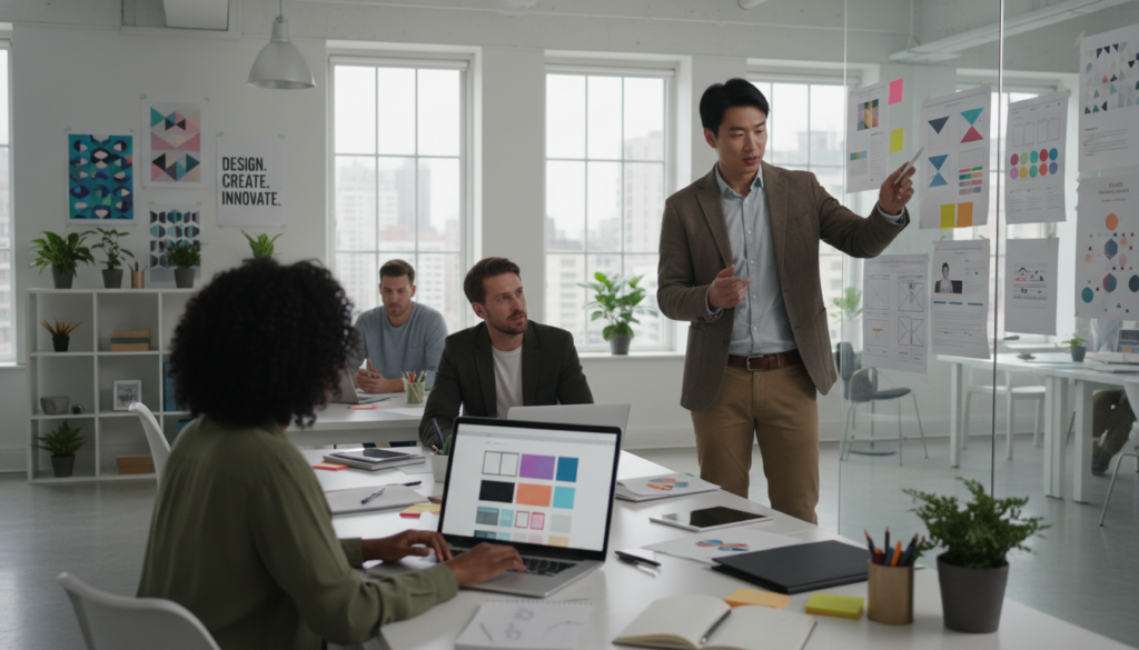 A modern digital workspace featuring a professional, diverse group of individuals collaborating on a website design for a small business. In the foreground, one person is seated at a sleek laptop, focused on colorful website mockups, while another points at a large presentation board filled with design elements and content strategies. In the middle ground, a third individual is discussing ideas, surrounded by notes and design tools, creating a lively brainstorming atmosphere. The background showcases a bright office space with large windows allowing natural light to filter in, plants for a touch of greenery, and creative posters on the walls. The mood is dynamic and inspiring, emphasizing teamwork and innovation in web design. The composition is shot with a wide-angle lens for depth, highlighting the collaborative spirit.