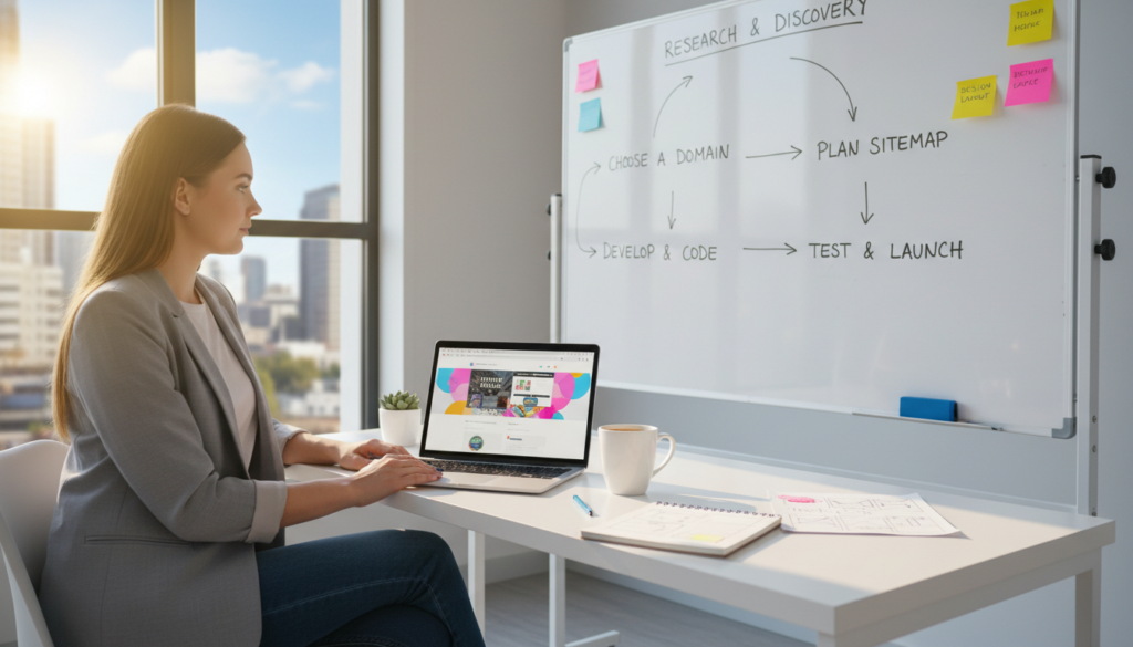 A modern, friendly office environment focused on web design. In the foreground, a young professional woman in smart casual attire sits at a sleek desk with a laptop open, showcasing a vibrant website interface. Next to her, a notepad with sketches of website layouts and a cup of coffee. In the middle ground, a large whiteboard filled with colorful diagrams and notes about website creation steps, like 'Choose a Domain' and 'Design Layout'. In the background, a window reveals a sunny day outside, adding to a positive, inviting atmosphere. Natural light illuminates the scene, creating a warm, productive mood. The image should be clear and detailed, with a focus on the workspace and tools used in web design.