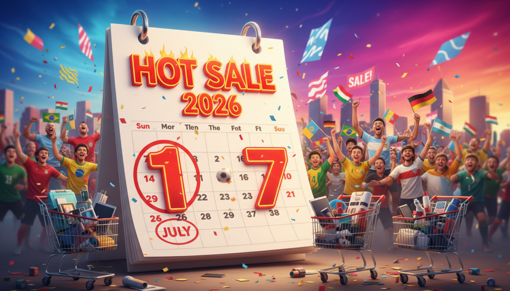 A vibrant calendar page for the "Hot Sale 2026" event, featuring highlighted dates prominently displayed within a stylish design. In the foreground, there are images of shopping carts overflowing with various products, symbolizing excitement and consumerism. The middle ground includes fans wearing soccer jerseys, holding flags, representing the energy and passion of the World Cup. The background showcases an abstract city skyline under bright, colorful banners that evoke festive shopping atmospheres. Soft, ambient lighting enhances the mood, while a slight depth of field emphasizes the foreground elements, creating a sense of depth. The overall atmosphere is energetic, filled with anticipation, blending retail excitement with the global spirit of soccer.