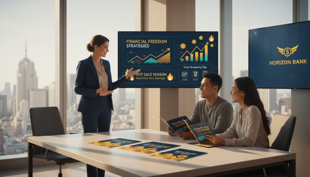 In a modern bank office setting, a professional financial advisor in business attire is presenting a variety of banking promotional materials. The foreground features a sleek, polished desk with brochures showcasing attractive interest rates and savings plans. In the middle, a well-organized display of eye-catching graphics highlights financial strategies and savings tips, with charts and graphs illustrating potential growth. The background showcases large windows with natural light streaming in, providing an inviting yet professional atmosphere. The color palette is warm and engaging, emphasizing trust and opportunity. The scene conveys a sense of collaboration and financial empowerment, ideal for inspiring customers to take advantage of banking promotions during the Hot Sale season.
